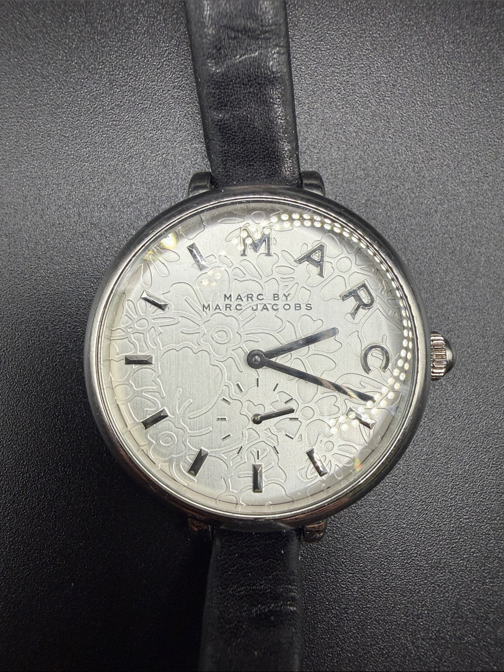 Marc by Marc Jacobs Silver Floral Dial Black Leather Strap Watch